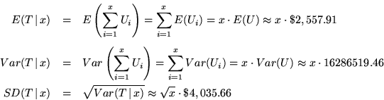 \begin{eqnarray*}E(T \, \vert \, x) &=& E \left( \sum_{i=1}^x U_i \right) = \sum...
...=& \sqrt{Var(T \, \vert \, x)} \approx \sqrt{x} \cdot \$4,035.66
\end{eqnarray*}