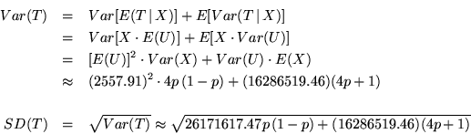 \begin{eqnarray*}Var(T) &=& Var[ E(T \, \vert \, X)] + E[Var(T \, \vert \, X)] \...
...T)} \approx \sqrt{26171617.47 p \, (1-p) + (16286519.46)(4p+1)}
\end{eqnarray*}